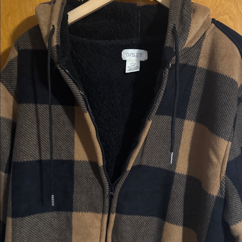 Brown Plaid Hoodie Mens Large Fleece Sherpa D/SET - Picture 2 of 3